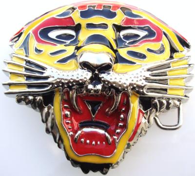 tiger head cut out yello black and red belt buckle