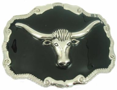 bull head long horn silver with black background western style belt buckle
