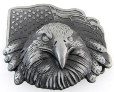 eagle head with usa flag behind gray color belt buckle