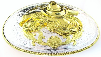 western beltbuckle oval with gun rope and hat beltbuckle two tone