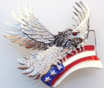 flying eagle cut out with clear stones holding usa flag belt buckle