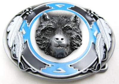 wolf oval blue belt buckle