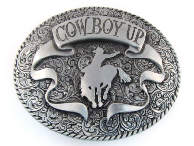 cowboy up with rodeo bull oval western beltbuckle