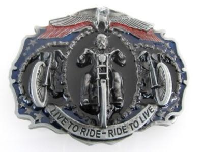 live to ride ride to live motorcicle belt buckle with biker and three bikes