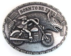 born to be free bike rider with two eagles and a hauling wolf head belt buckle