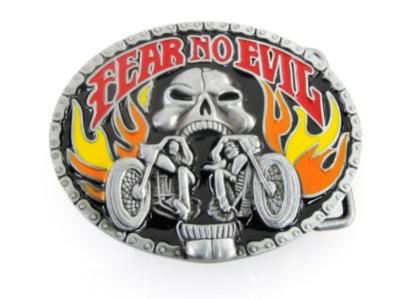 fear no evil skull with double bikers belt buckle