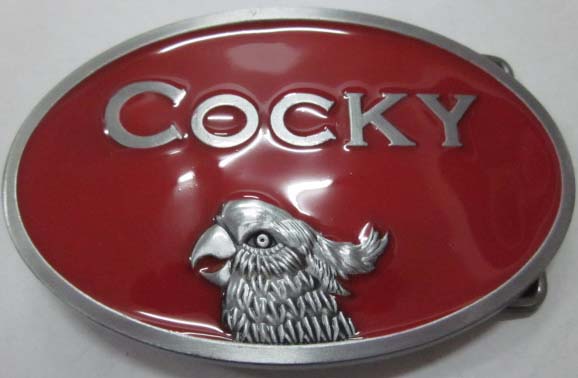 oval red cocky belt buckle