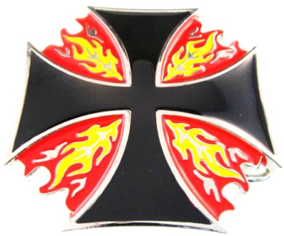 chopper black with red and yellow fire belt buckle