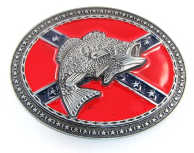 fish or bass with cofederate flag in oval belt buckle