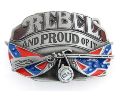 rebel and proud of it with riffle and two confederate flags belt buckle