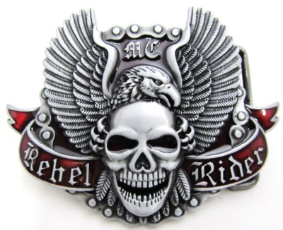 mc rebel rider skull  with eagle flying in background belt buckle