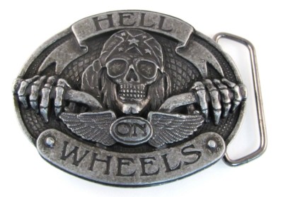 hell on wheels skull with confederate or rebel flag bandana in oval belt buckle western beltbuckle s