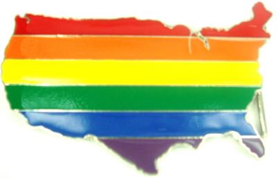 gay pride flag on usa map shape cutout belt buckle