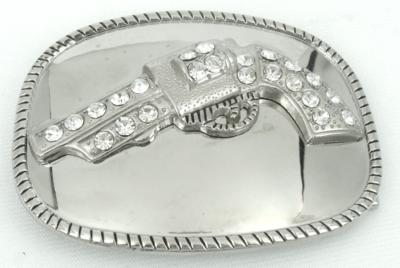 gun with stones on square silver belt buckle