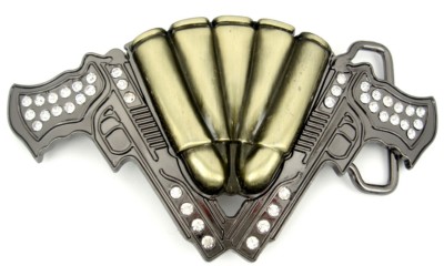 two guns cross with stones on oval  two tone belt buckle