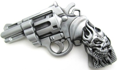 pistol with flaming skull on handle gray color belt buckle