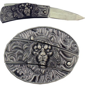 Antique Style Lion with Knife Belt Buckle
