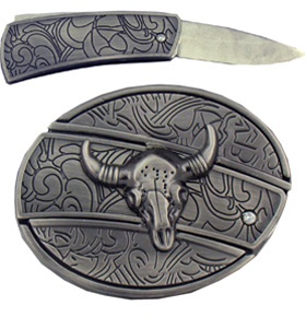 Antique Style Bull Skull with Knife Belt Buckle