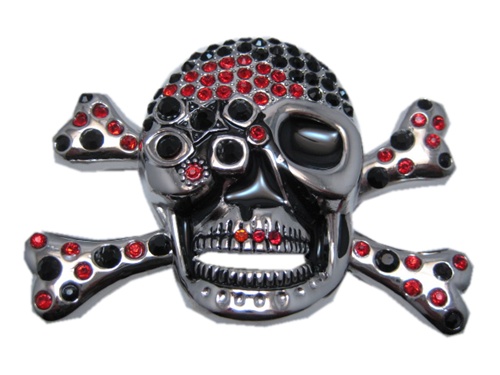 Skull and Crossbones with Red and Black Stones Belt Buckle